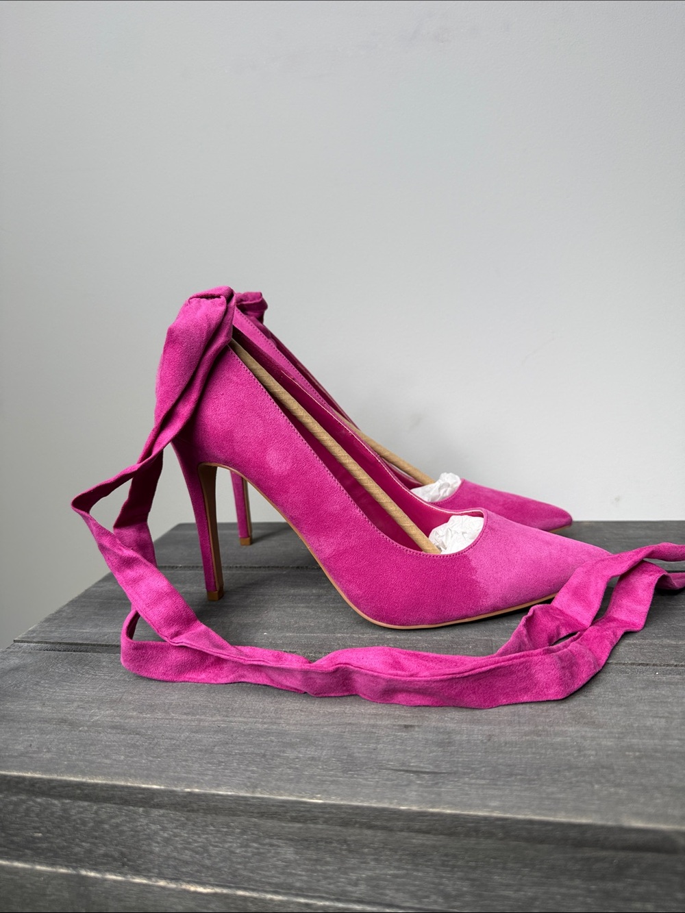 Shoe Dazzle Fuchsia Suede Pointed-Toe Ankle-Tie Pumps